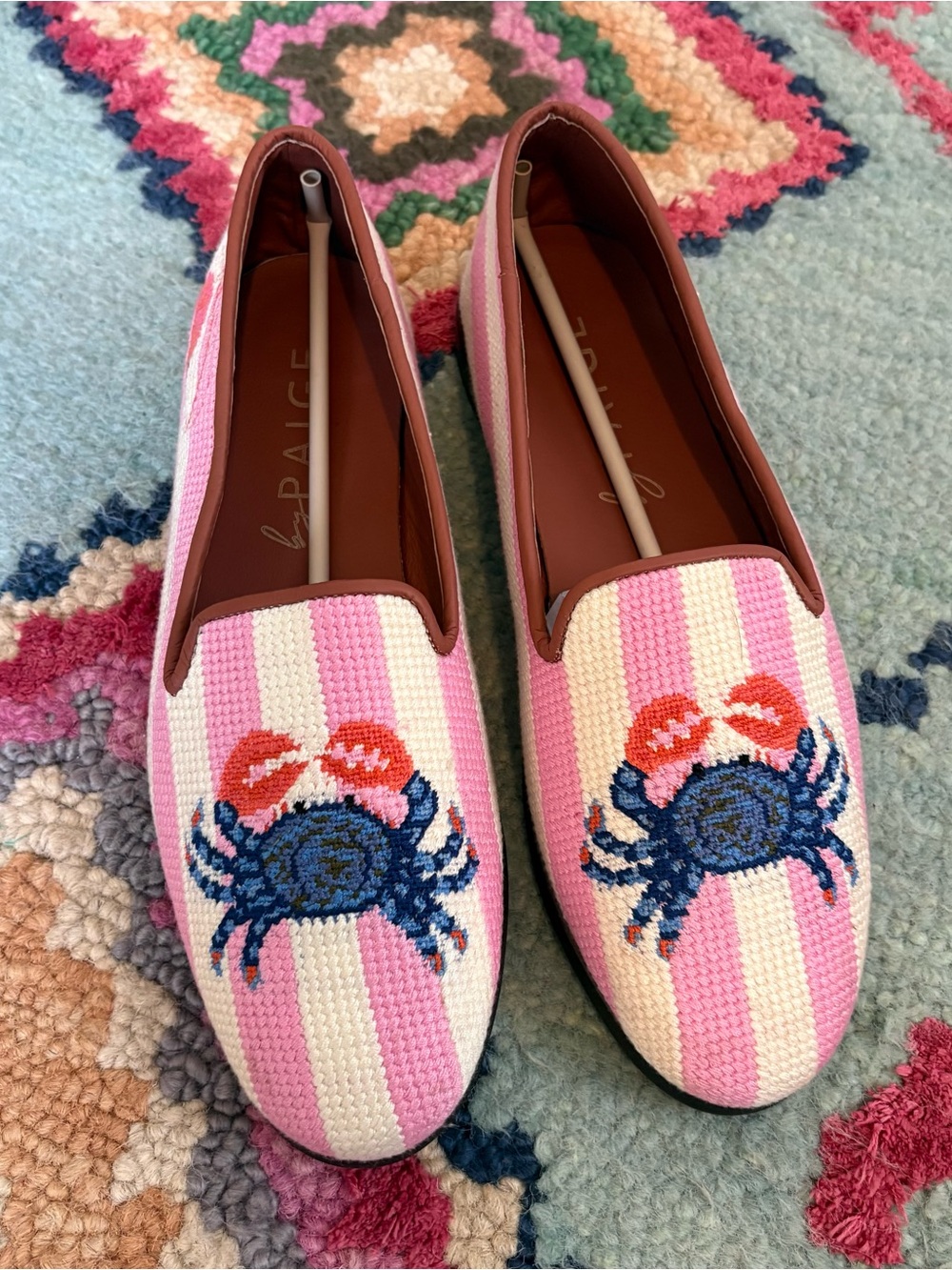 New By Paige needlepoint crab loafers in pink stripe - Picture 4 of 9